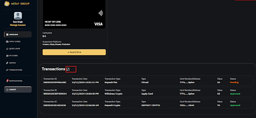 Transaction Screen view